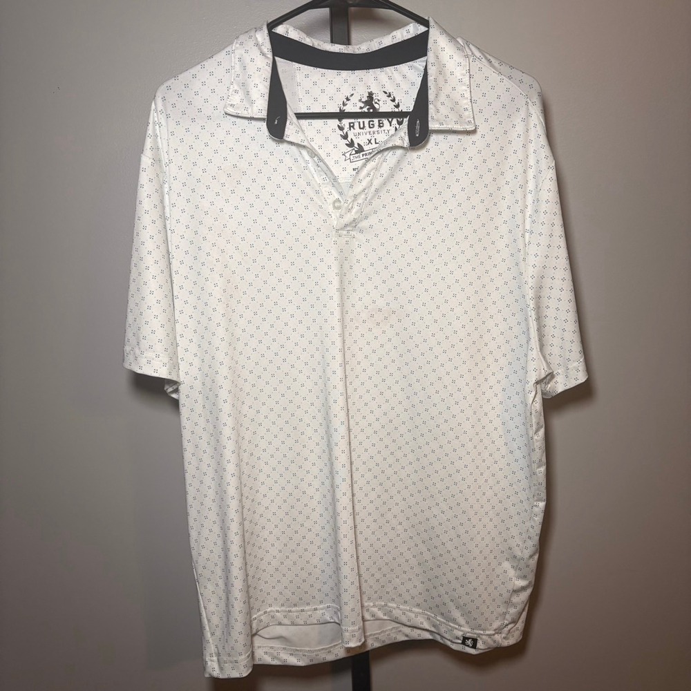 Men's Rugby University White Blue Polka Dot Polo Shirt XL‎